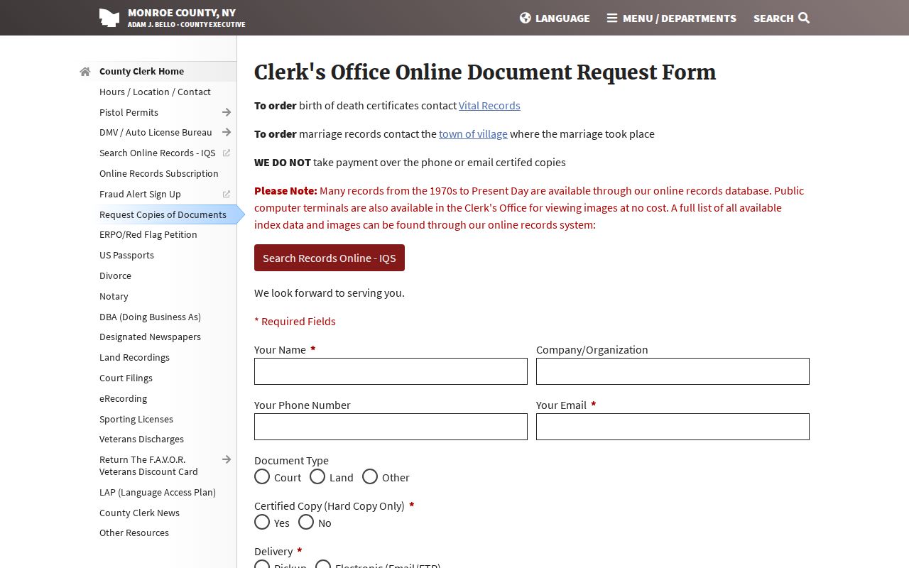 Penfield residents directory Monroe County Clerk land record request form