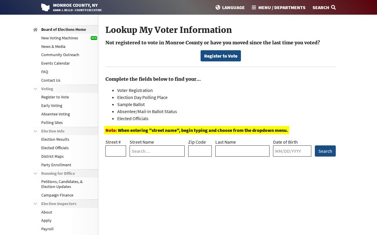 Penfield residents directory Monroe County voter lookup fields