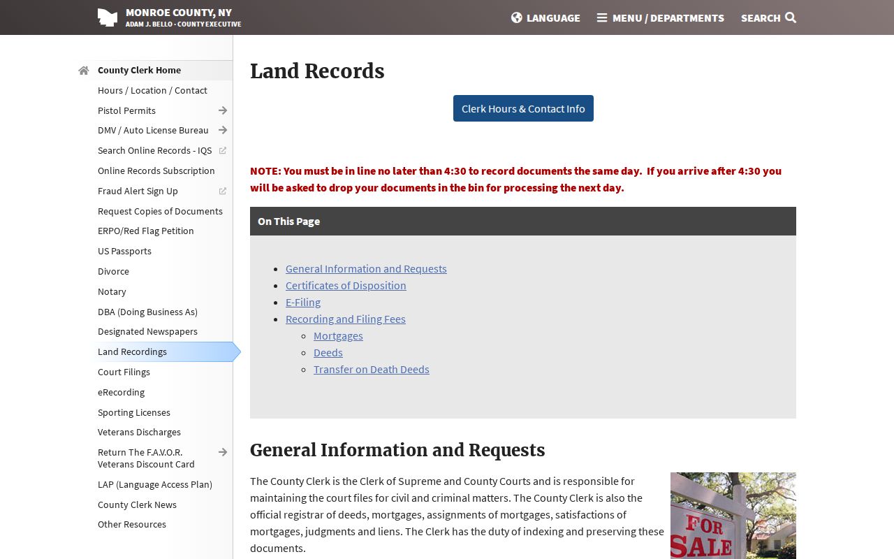 Penfield street directory Monroe County Clerk land-record index access
